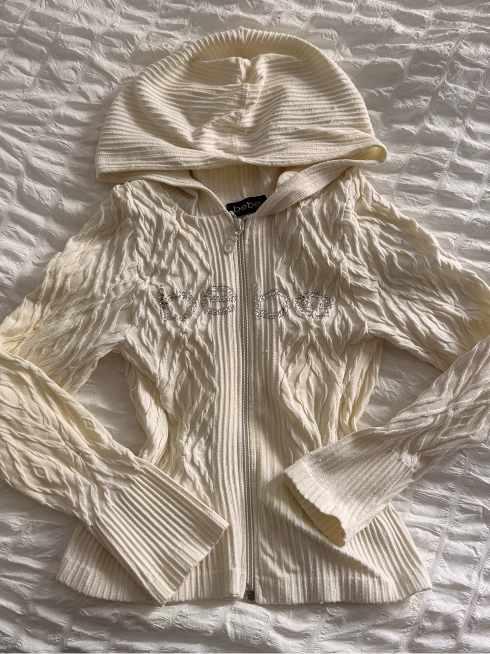 Rare Y2K Bebe Cream bejeweled Tight Zip Up Jacket/Long sleeve top with hood XS